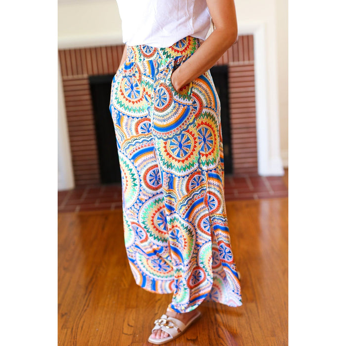 Multicolor Mandala Smocked Waist Side Slit Palazzo Pants