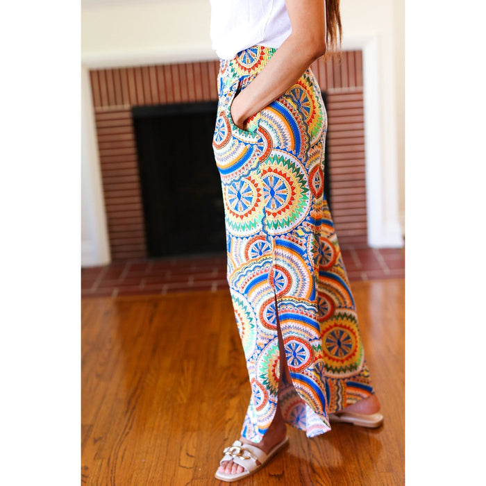 Multicolor Mandala Smocked Waist Side Slit Palazzo Pants