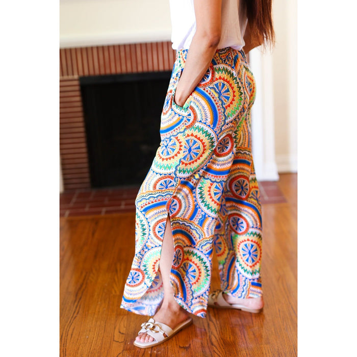 Multicolor Mandala Smocked Waist Side Slit Palazzo Pants