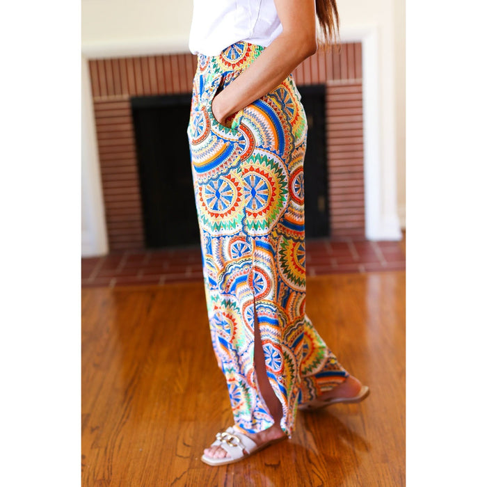 Multicolor Mandala Smocked Waist Side Slit Palazzo Pants