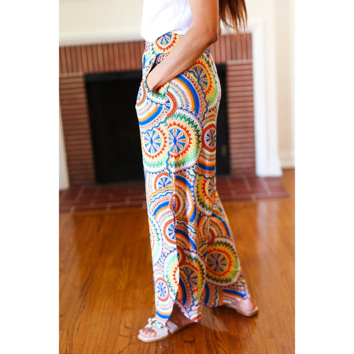 Multicolor Mandala Smocked Waist Side Slit Palazzo Pants