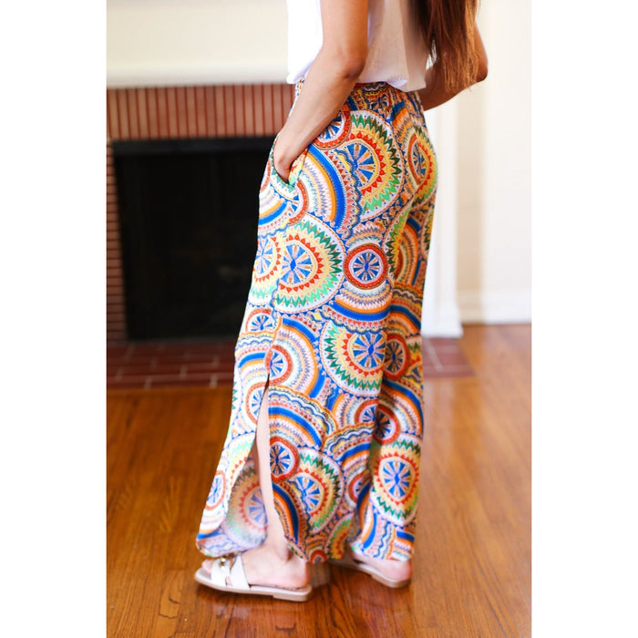 Multicolor Mandala Smocked Waist Side Slit Palazzo Pants