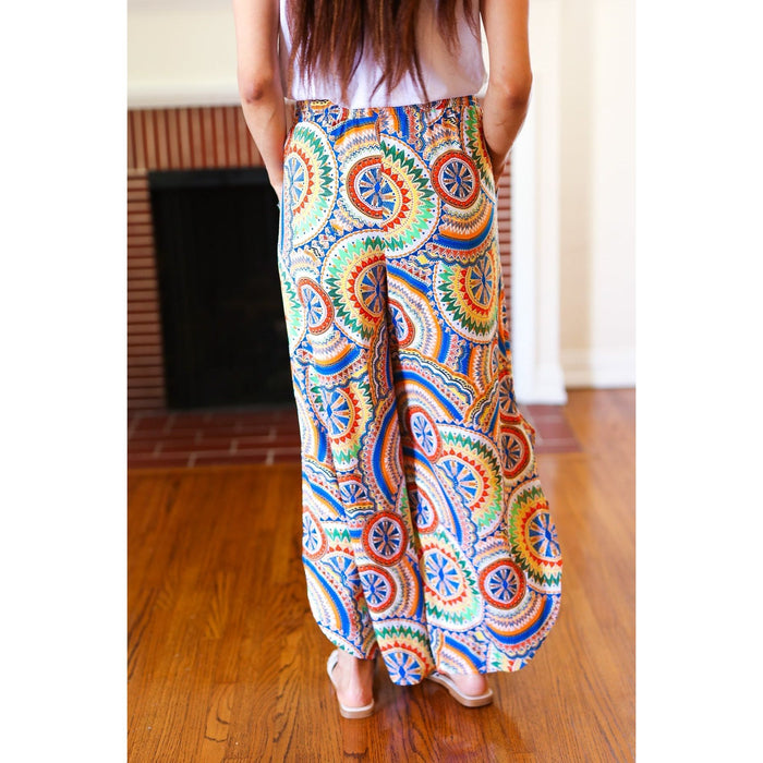 Multicolor Mandala Smocked Waist Side Slit Palazzo Pants