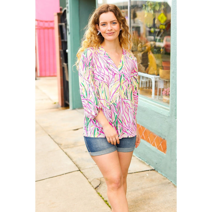 Fuchsia & Yellow Abstract Print V Neck Top