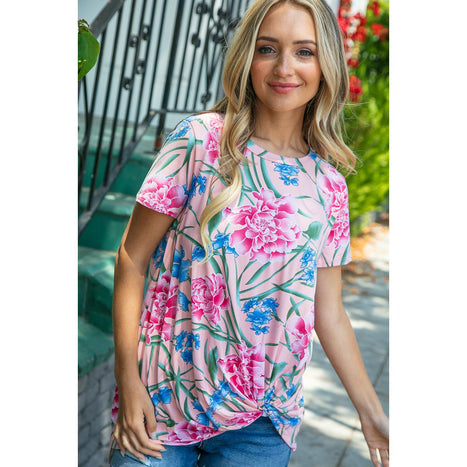 Coral Floral Print Front Knot Top