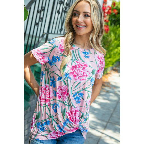 Coral Floral Print Front Knot Top