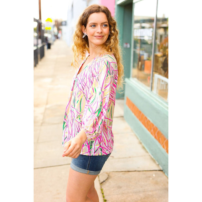 Fuchsia & Yellow Abstract Print V Neck Top