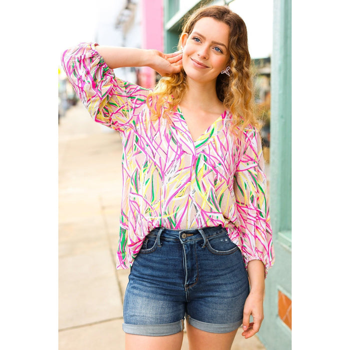 Fuchsia & Yellow Abstract Print V Neck Top