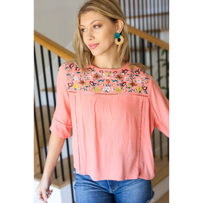 In Your Dreams Peach Floral Embroidery Ladder Trim Blouse