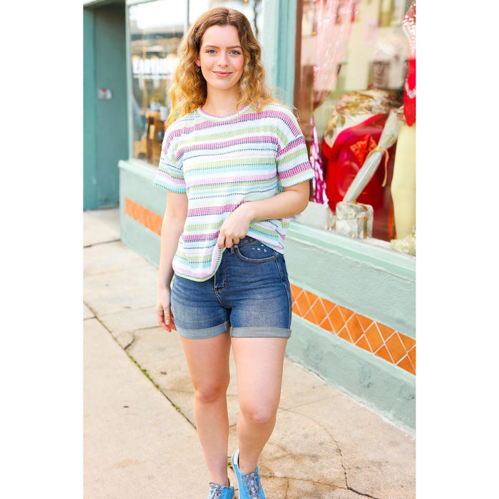 Lime & Navy Textured Vintage Stripe Sweater Top