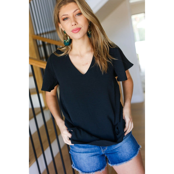 Black Flutter Sleeve V Neck Top