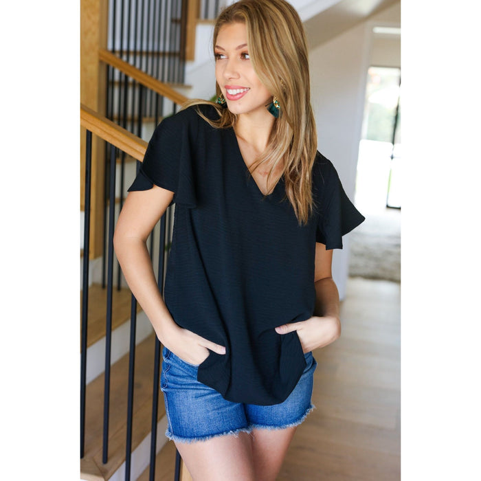 Black Flutter Sleeve V Neck Top