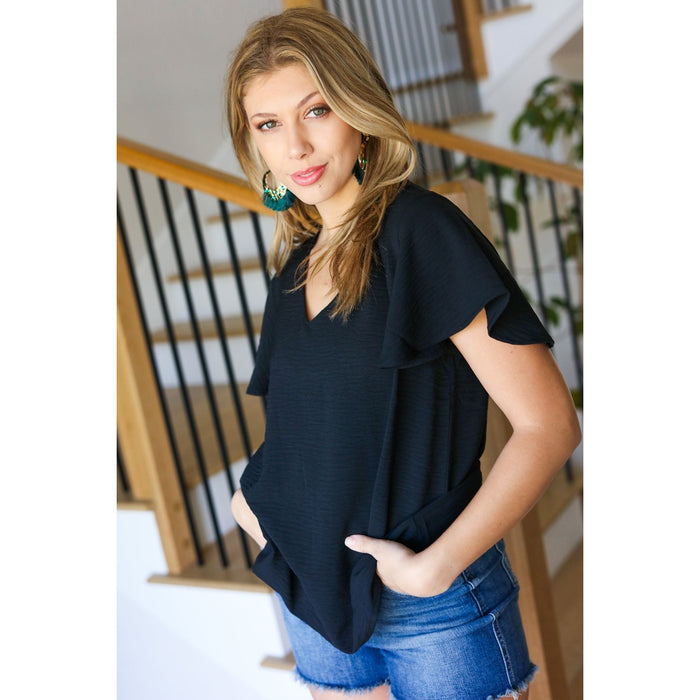 Black Flutter Sleeve V Neck Top