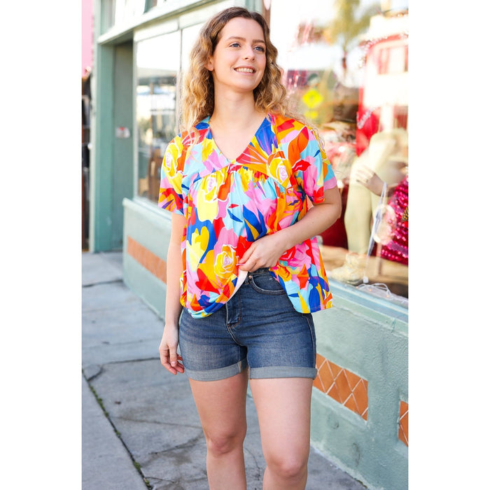 Orange & Yellow Geometric Floral V Neck Dolman Top