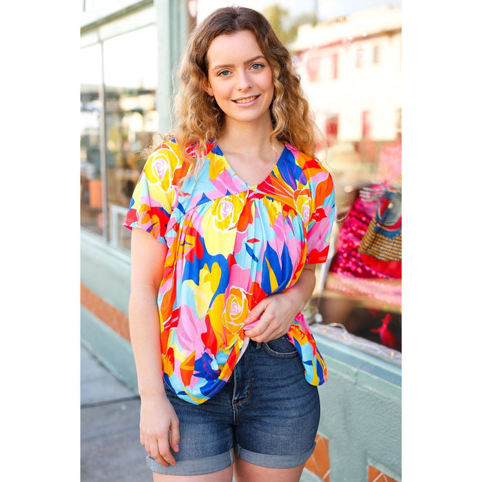 Orange & Yellow Geometric Floral V Neck Dolman Top