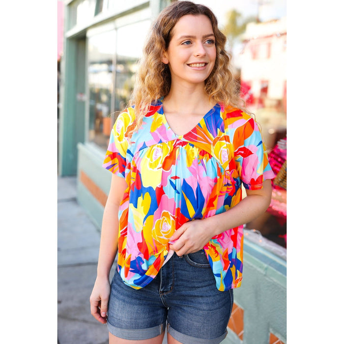 Orange & Yellow Geometric Floral V Neck Dolman Top