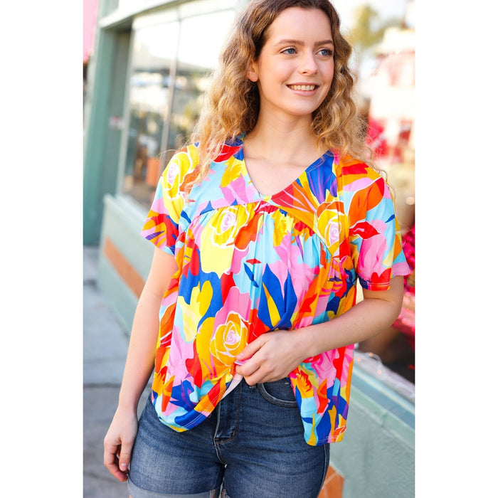 Orange & Yellow Geometric Floral V Neck Dolman Top