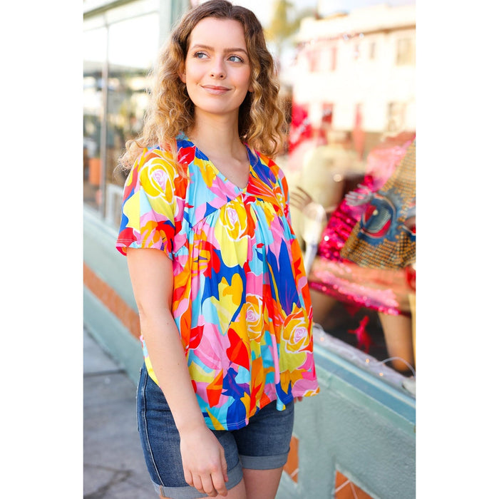 Orange & Yellow Geometric Floral V Neck Dolman Top