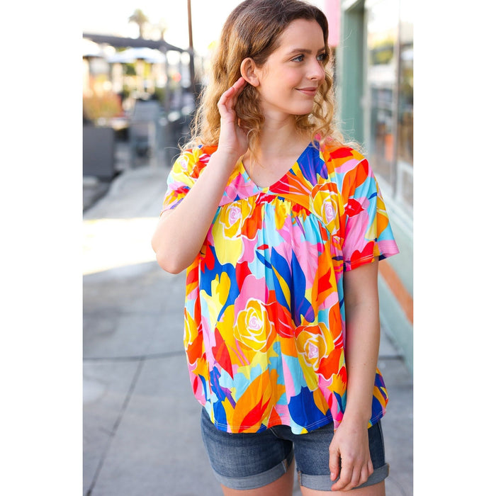 Orange & Yellow Geometric Floral V Neck Dolman Top