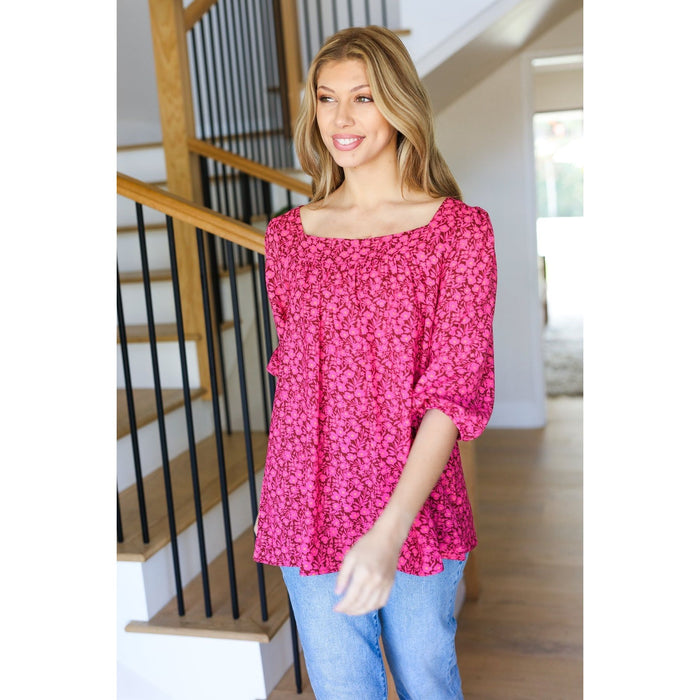 Perfectly You Fuchsia Floral Three Quarter Sleeve Square Neck Top