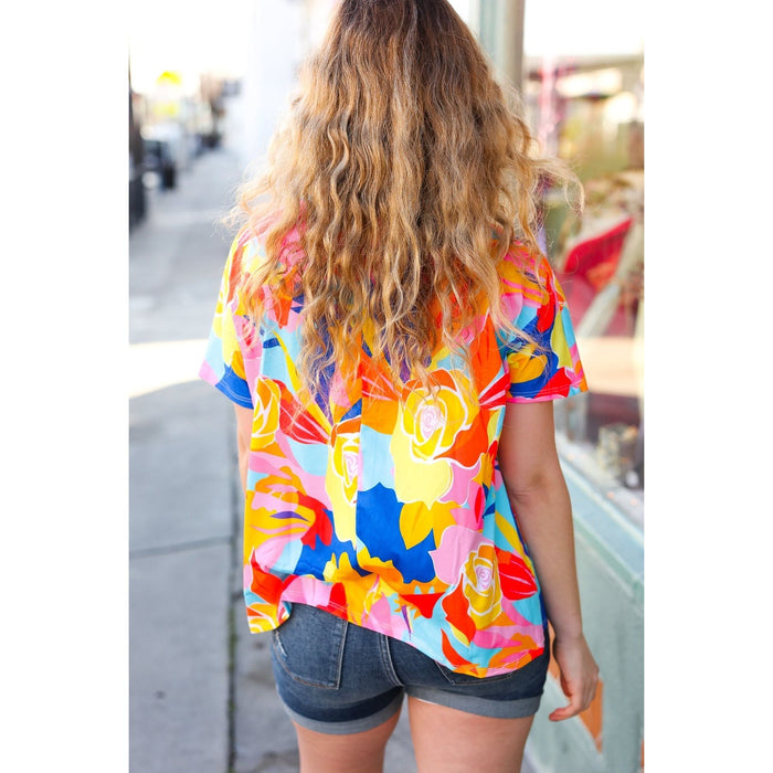 Orange & Yellow Geometric Floral V Neck Dolman Top