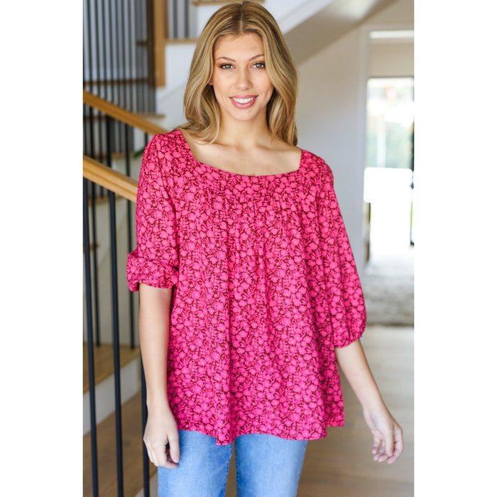 Perfectly You Fuchsia Floral Three Quarter Sleeve Square Neck Top