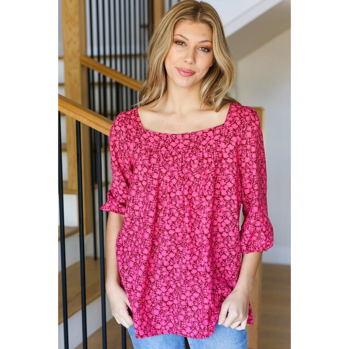 Perfectly You Fuchsia Floral Three Quarter Sleeve Square Neck Top