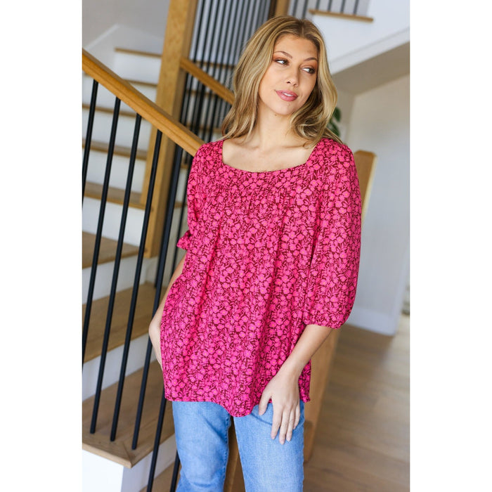 Perfectly You Fuchsia Floral Three Quarter Sleeve Square Neck Top