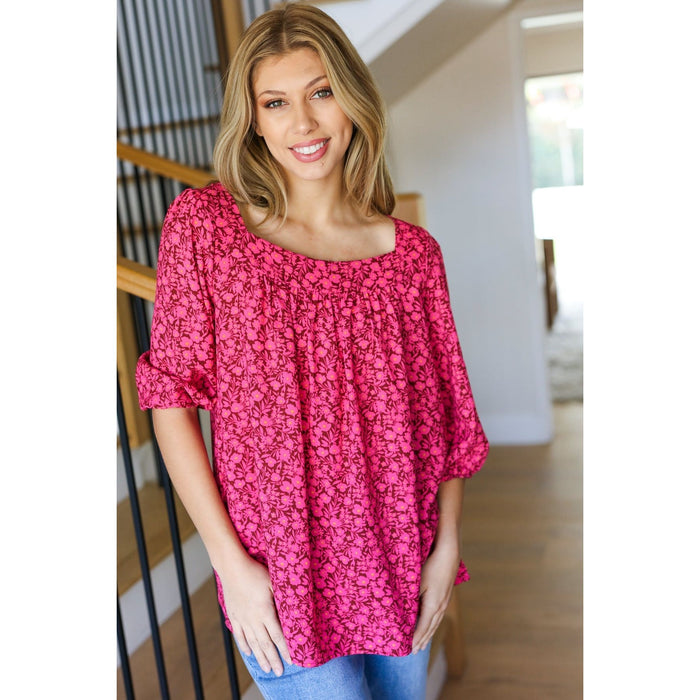 Perfectly You Fuchsia Floral Three Quarter Sleeve Square Neck Top