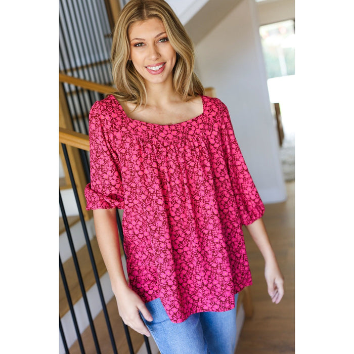 Perfectly You Fuchsia Floral Three Quarter Sleeve Square Neck Top