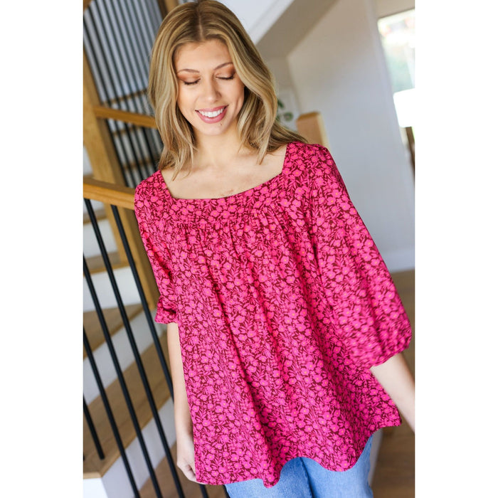 Perfectly You Fuchsia Floral Three Quarter Sleeve Square Neck Top