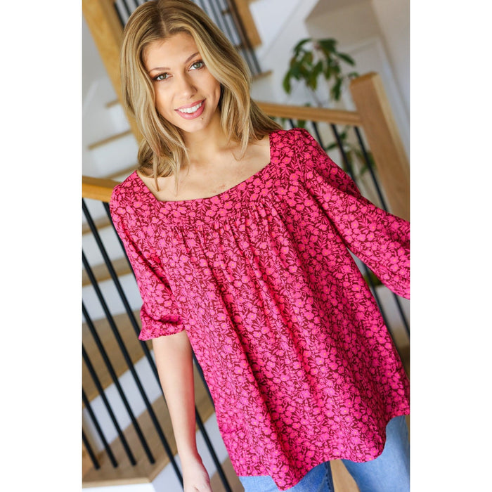 Perfectly You Fuchsia Floral Three Quarter Sleeve Square Neck Top