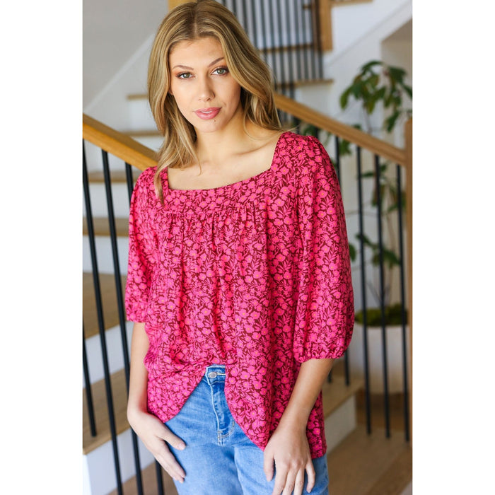 Perfectly You Fuchsia Floral Three Quarter Sleeve Square Neck Top