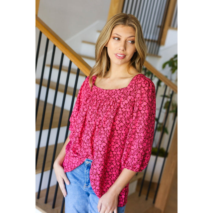 Perfectly You Fuchsia Floral Three Quarter Sleeve Square Neck Top