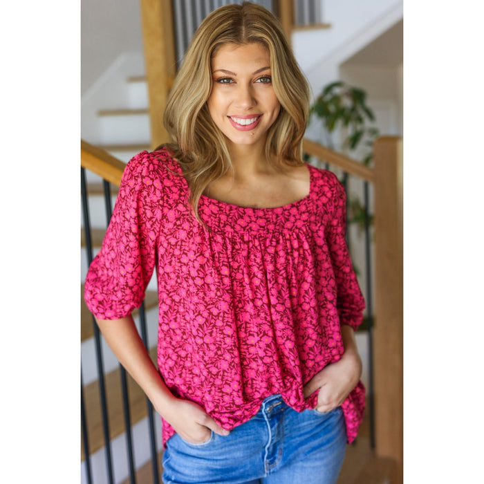 Perfectly You Fuchsia Floral Three Quarter Sleeve Square Neck Top