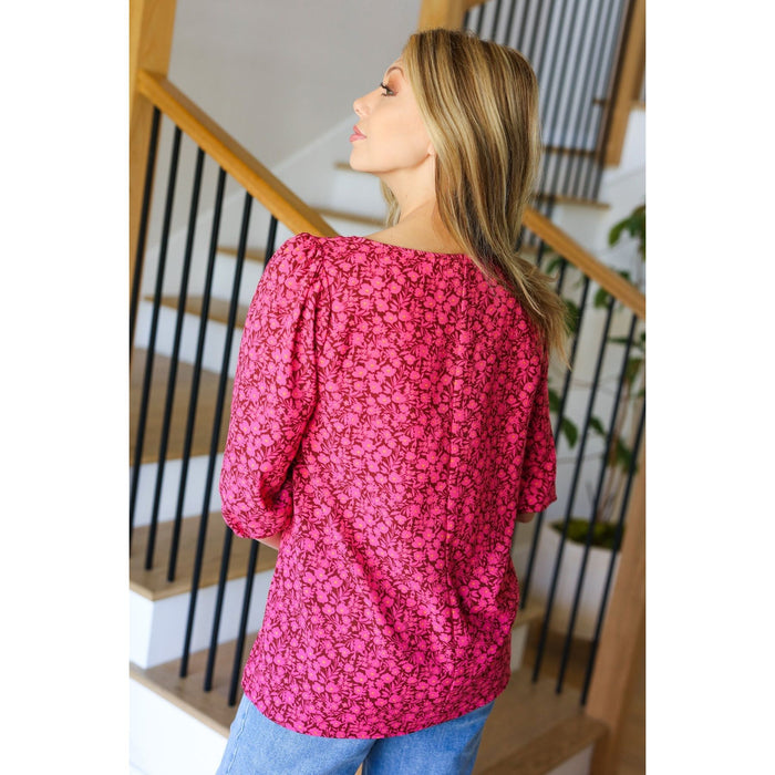 Perfectly You Fuchsia Floral Three Quarter Sleeve Square Neck Top