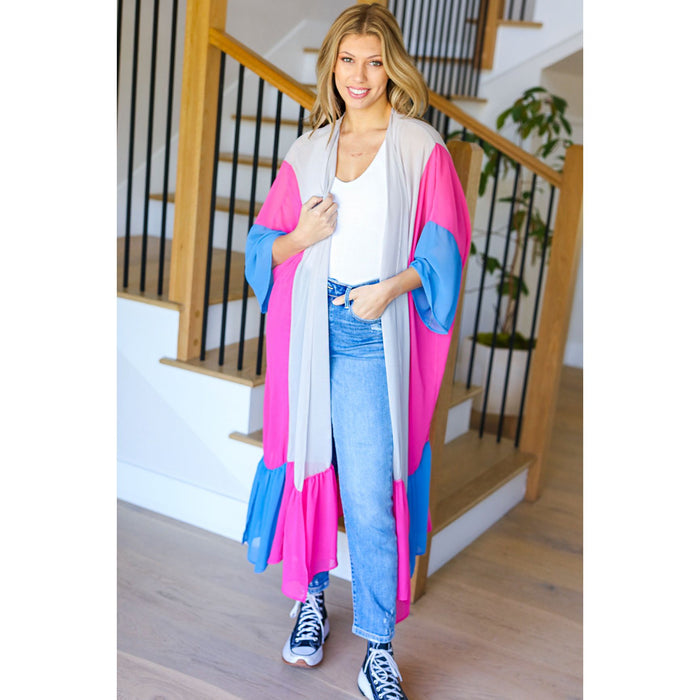 Taupe & Fuchsia Color Block Ruffle Hem Kimono