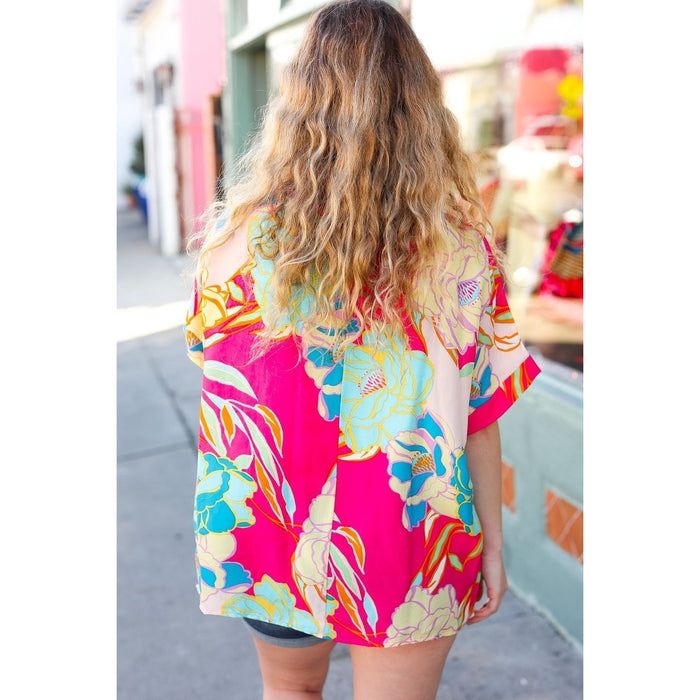 Fuchsia Floral Print Woven V Neck Top