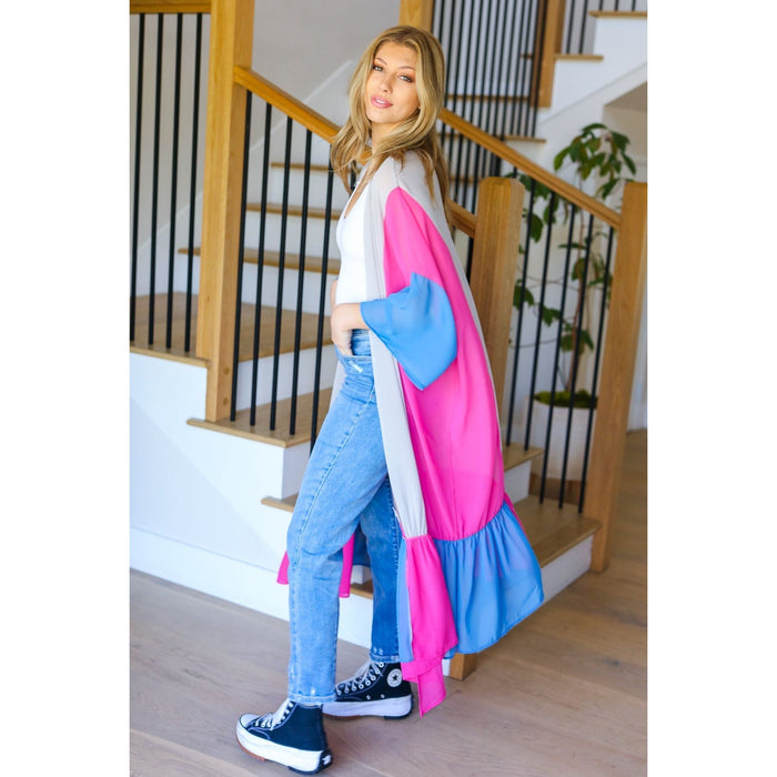 Taupe & Fuchsia Color Block Ruffle Hem Kimono