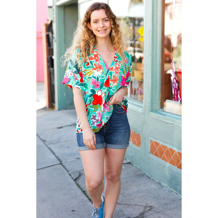 Emerald V Neck Dolman Cuffed Short Sleeve Top