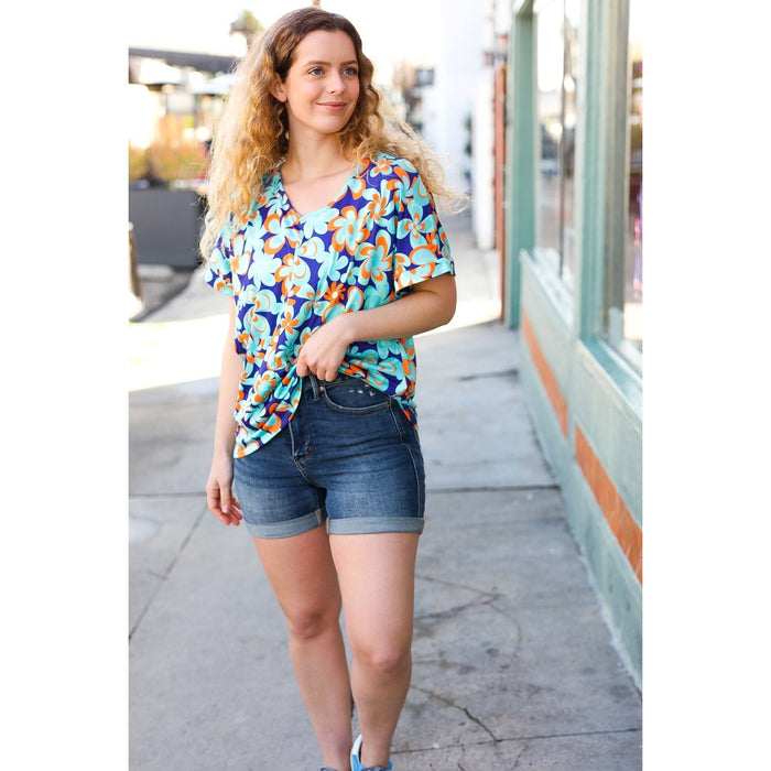 Blue & Orange Flat Floral V Neck Top