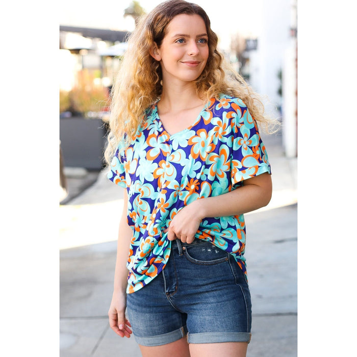 Blue & Orange Flat Floral V Neck Top