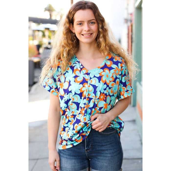 Blue & Orange Flat Floral V Neck Top