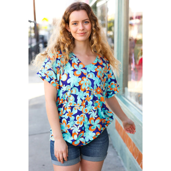 Blue & Orange Flat Floral V Neck Top