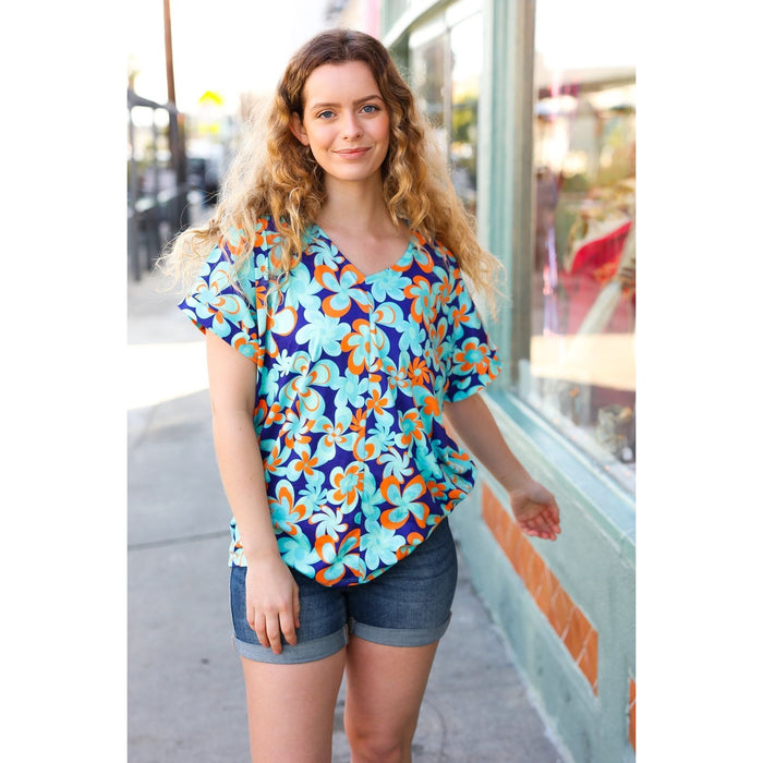 Blue & Orange Flat Floral V Neck Top