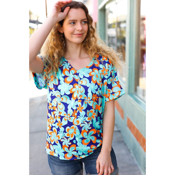 Blue & Orange Flat Floral V Neck Top