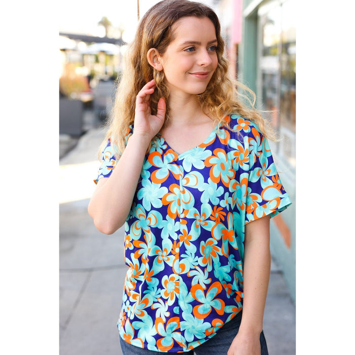 Blue & Orange Flat Floral V Neck Top