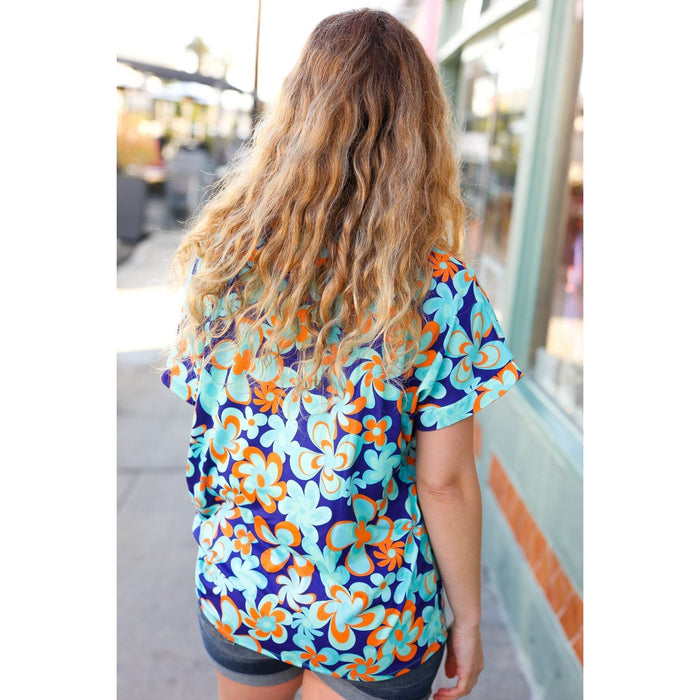 Blue & Orange Flat Floral V Neck Top