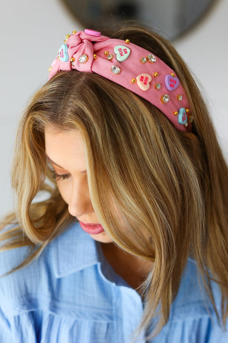 Rhinestone Jeweled Candy Hearts Top Knot Headband