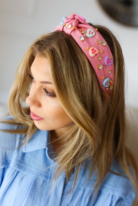 Rhinestone Jeweled Candy Hearts Top Knot Headband